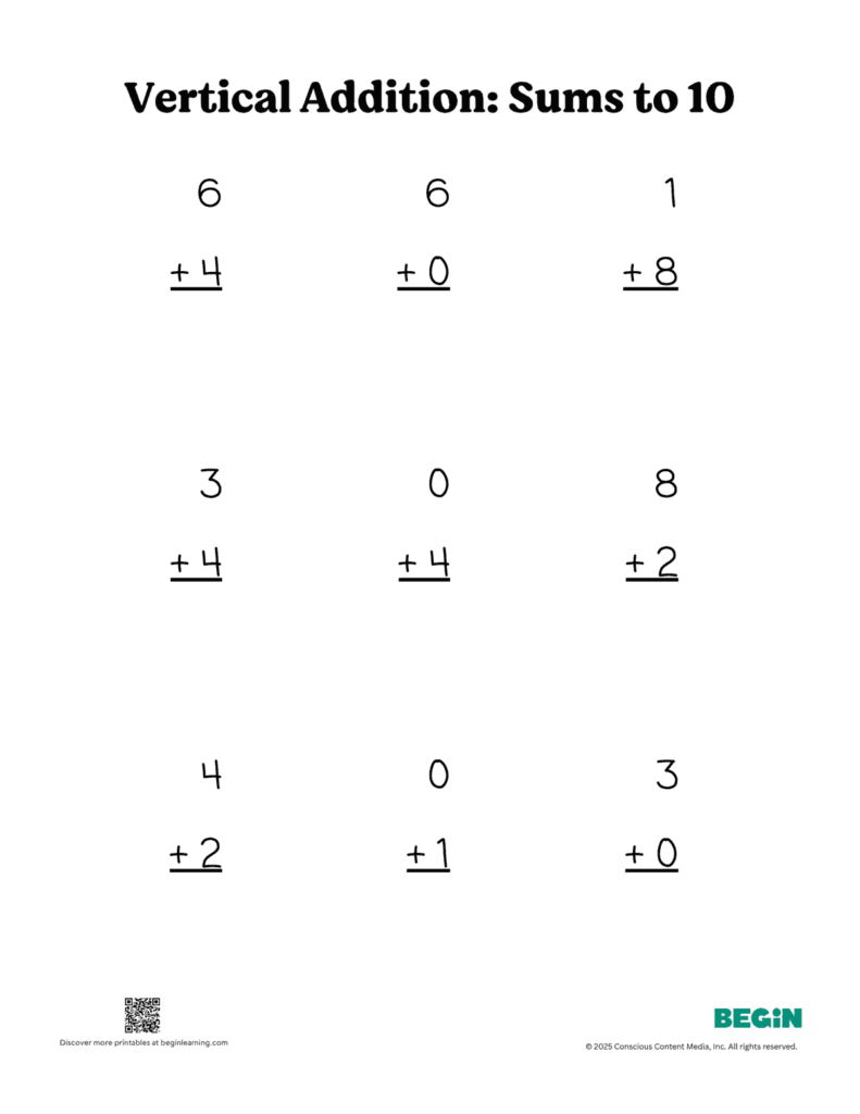 Vertical addition worksheets for sums to 10, designed for young learners