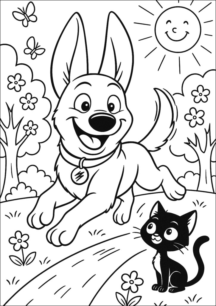 Volt Coloring Page – Playful Dog and Cat Scene Coloring page of a playful dog named Volt with a curious cat
