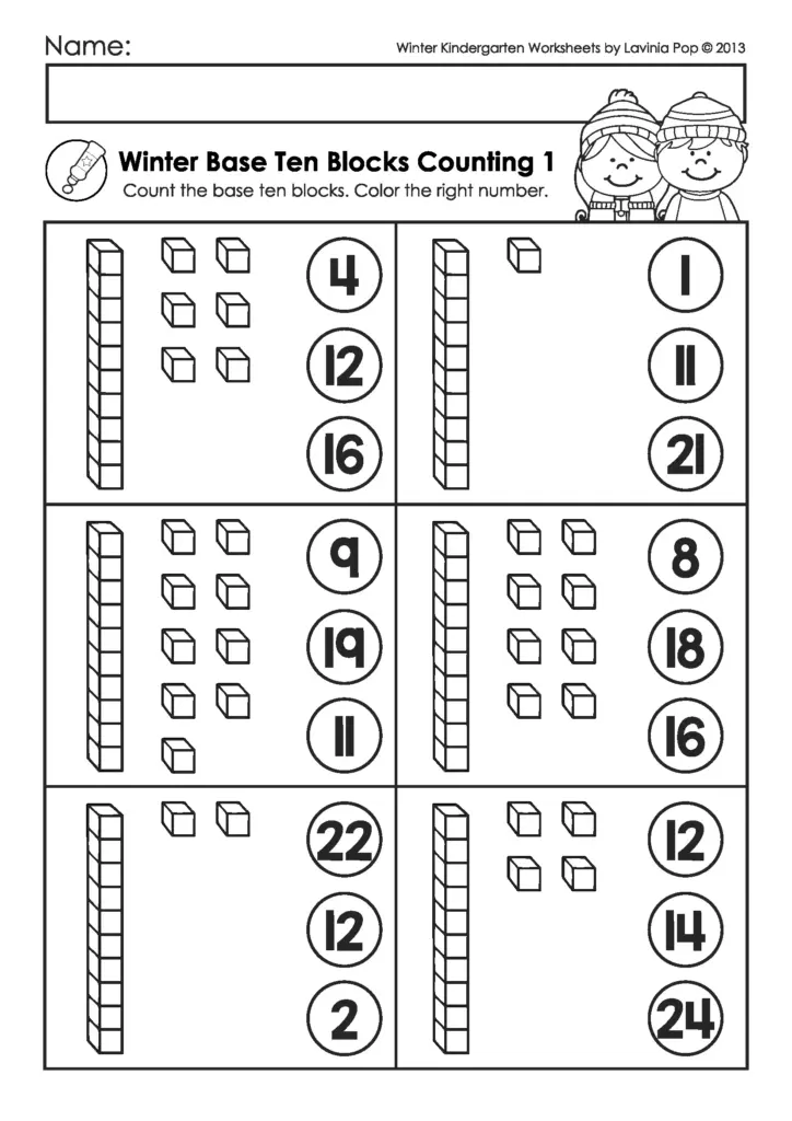 Winter Kindergarten Math Worksheets – Base Ten Blocks Counting Winter kindergarten math worksheet featuring base ten blocks counting activity