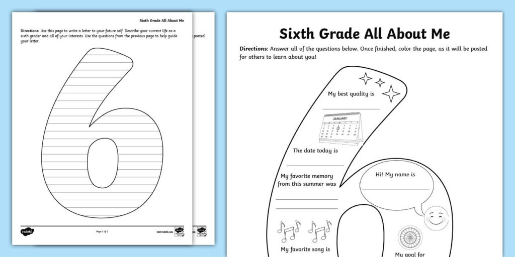 Free printable Work Sheets For 6th Graders featuring an All About Me activity with prompts
