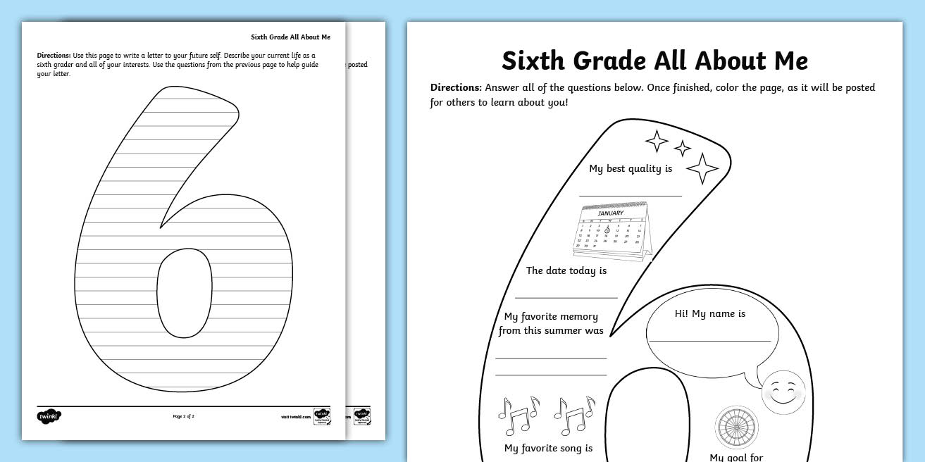 Free printable Work Sheets For 6th Graders featuring an All About Me activity with prompts