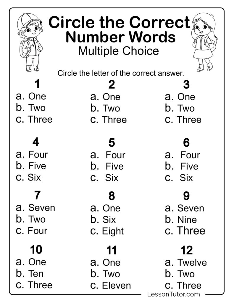 Printable multiple choice worksheet for circling correct number words one to twelve