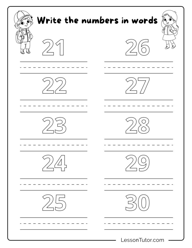 Numbers in Words Worksheet for Kindergarten – 1 to 30 Printable worksheet for kindergarten students to write numbers in words 21 to 30