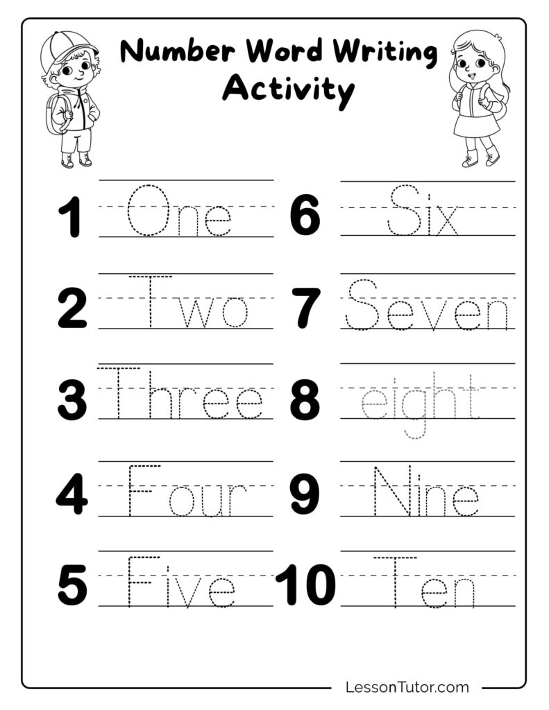 Printable worksheet for kindergarten teaching numbers in words 1 to 30