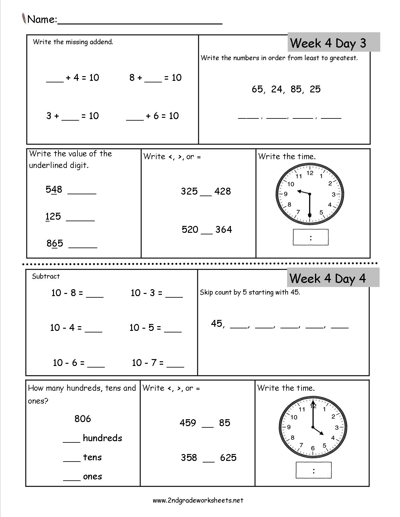 Worksheets For 2nd Graders Free - Free printable math worksheet for 2nd graders featuring addition, comparison, and time exer