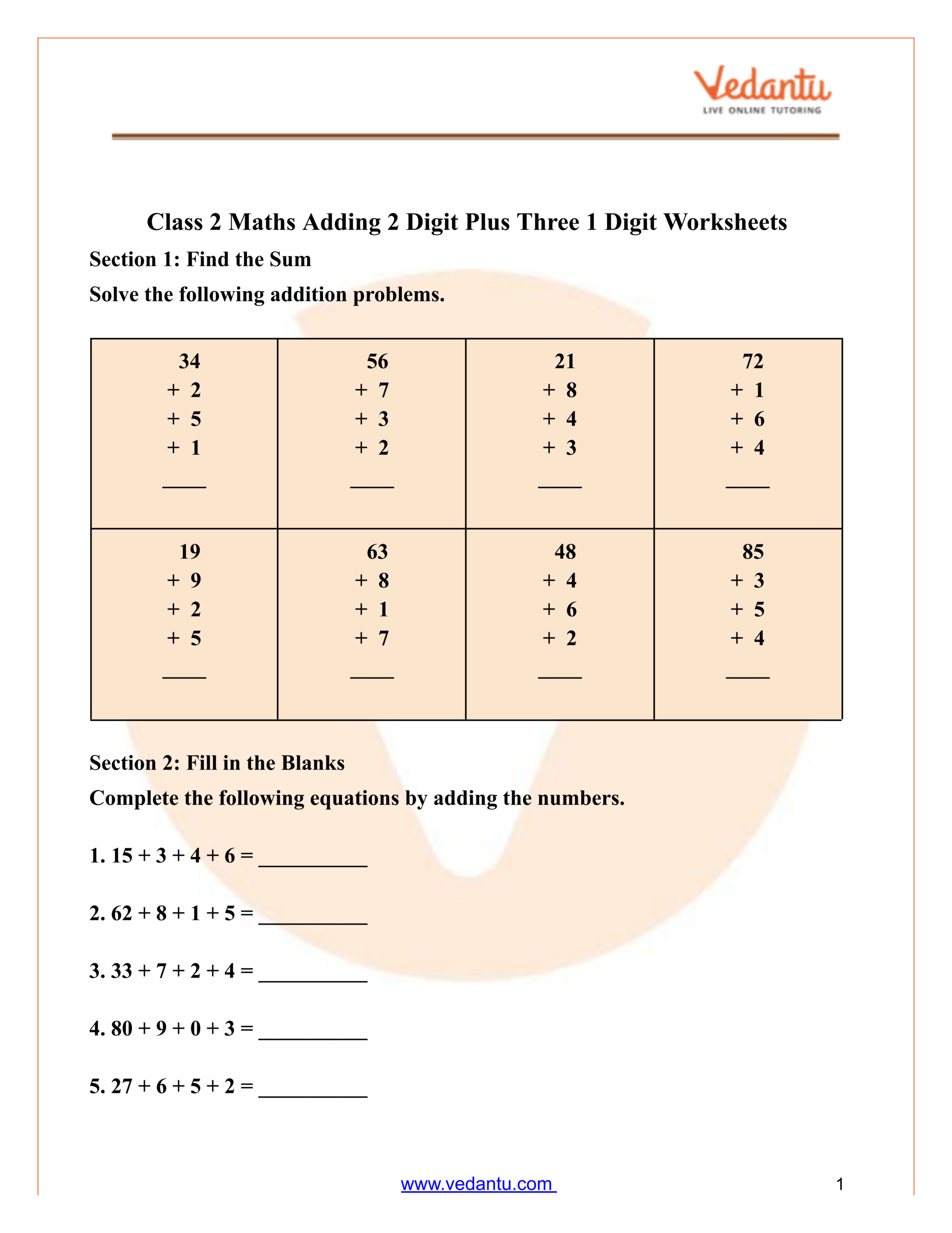 Worksheets Of Maths For Class 2 featuring addition problems with two and three digit numbers