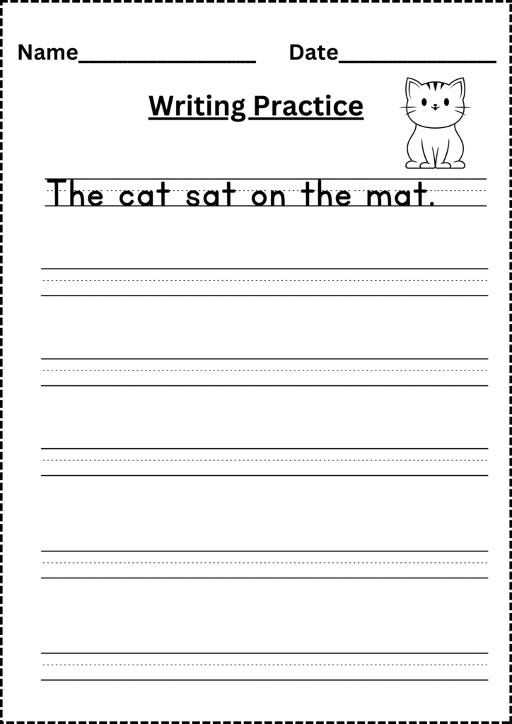 Writing Practice Pages For Kindergarten – Free Printable Worksheet Free printable writing practice pages for kindergarten featuring a cat and writing lines