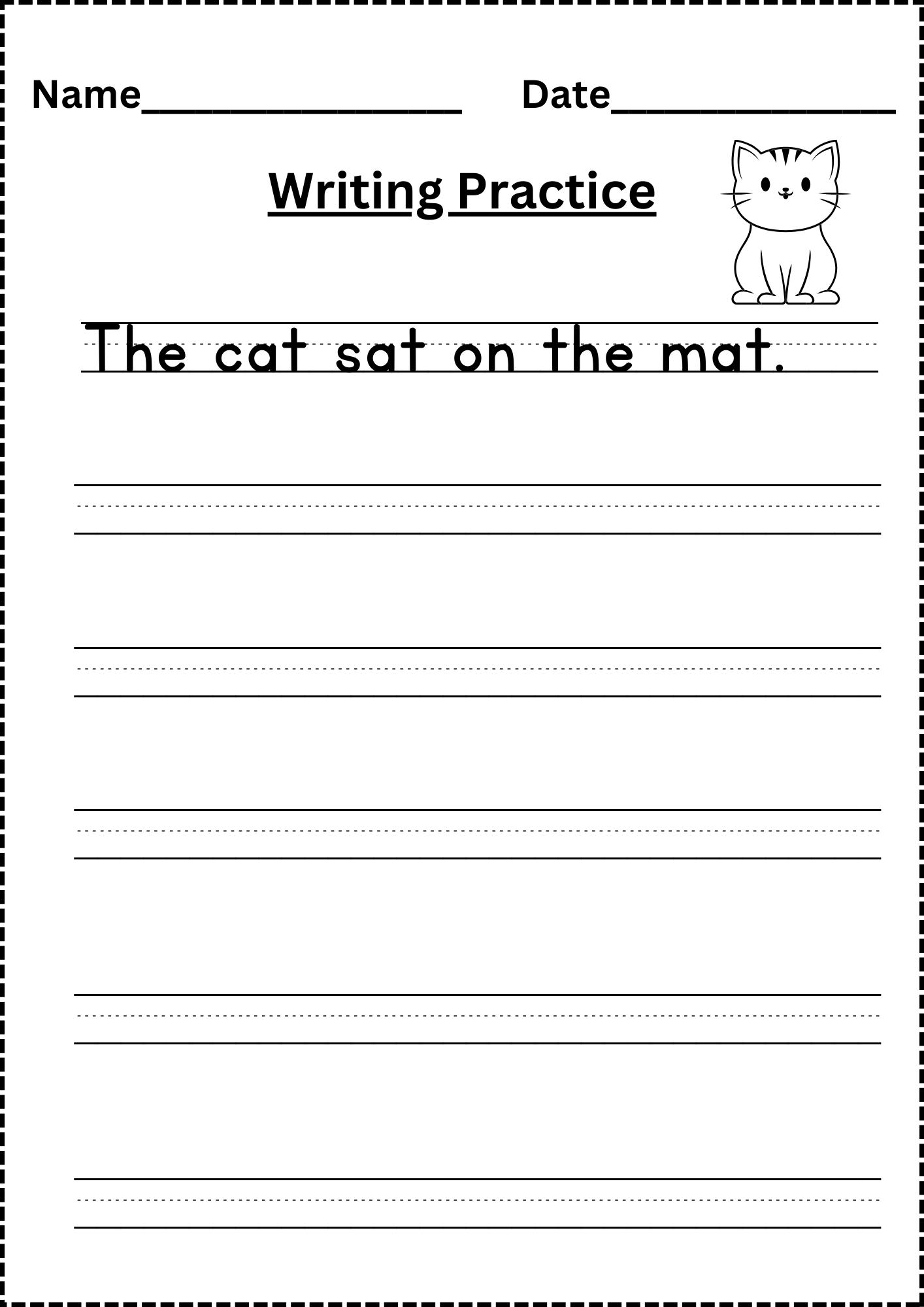 Free printable writing practice pages for kindergarten featuring a cat and writing lines