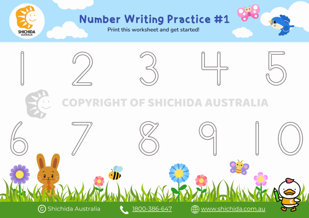Number Writing Practice 1 10 – Stage 1 Worksheet Colorful writing sheet for numbers 1 to 10 with fun illustrations