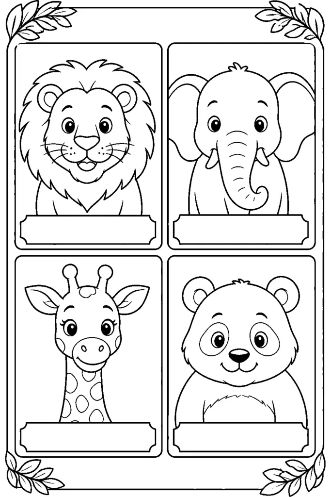 Coloring page featuring a lion, elephant, giraffe, and panda for Zoo Animal Pictures To Color